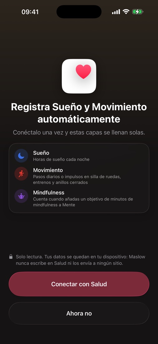 Pantalla de conexión con Apple Health: registra Sueño, Ejercicio y Mente automáticamente