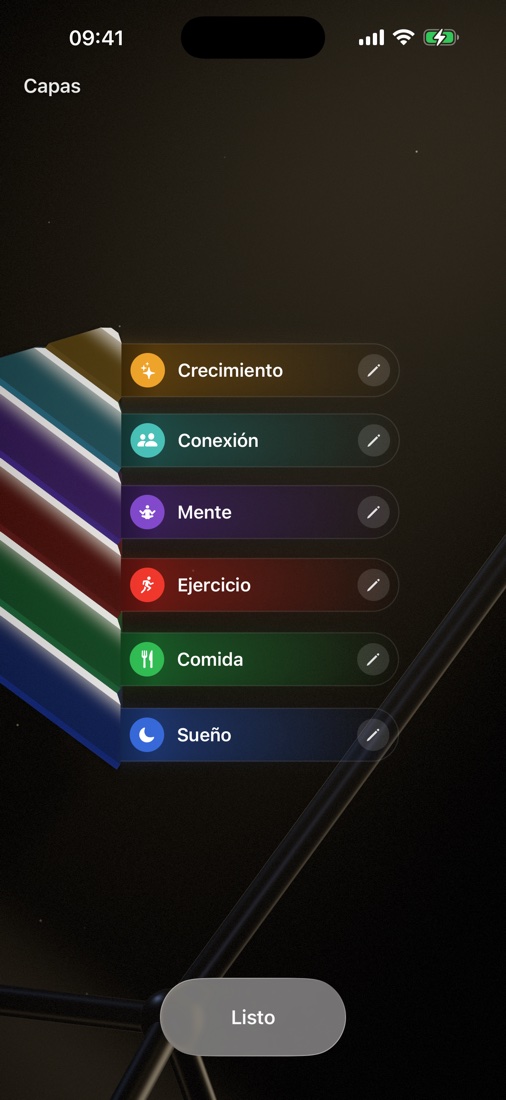 Pantalla de capas: seis haces de luz nombran cada capa de la pirámide