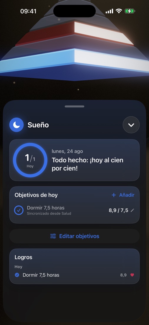 Panel de la capa Sueño con las metas y logros de hoy