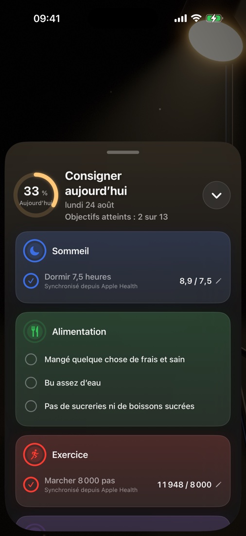 Écran « Consigner aujourd'hui » avec les objectifs regroupés par couche