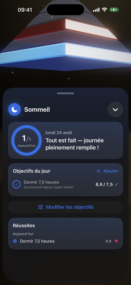 Panneau de la couche Sommeil avec les objectifs et réussites du jour