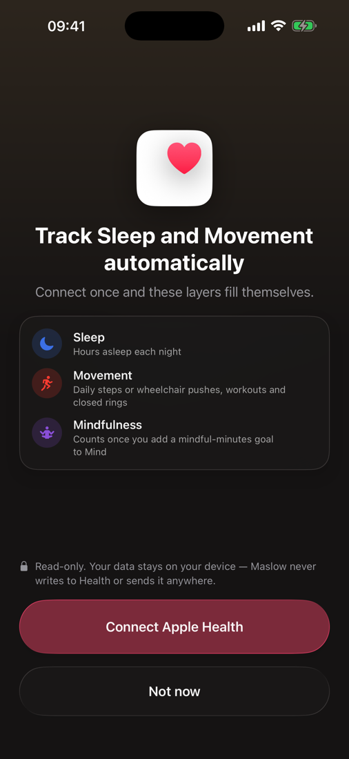 Apple Health connection sheet — track Sleep, Movement and Mind automatically