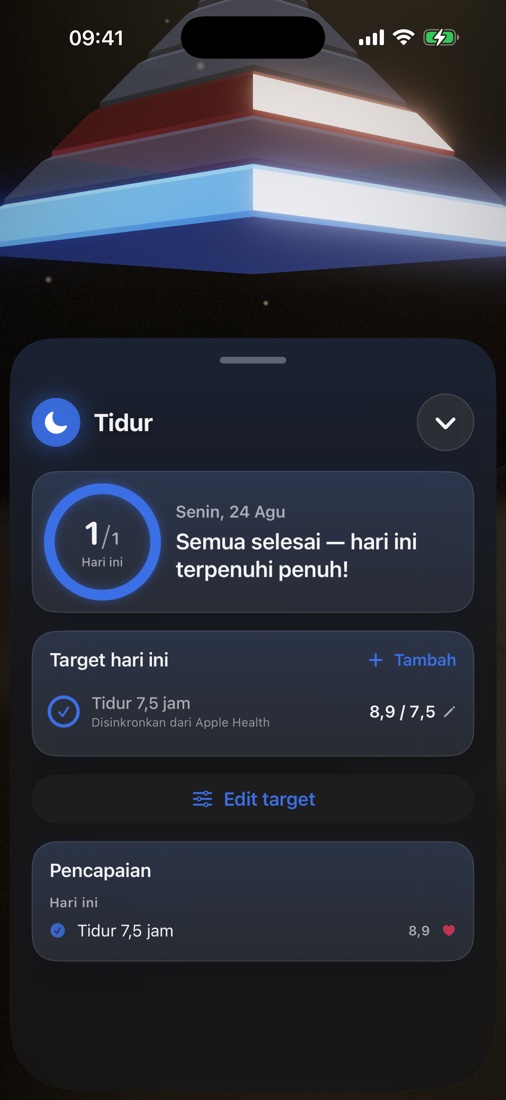 Panel lapisan Tidur dengan target dan pencapaian hari ini