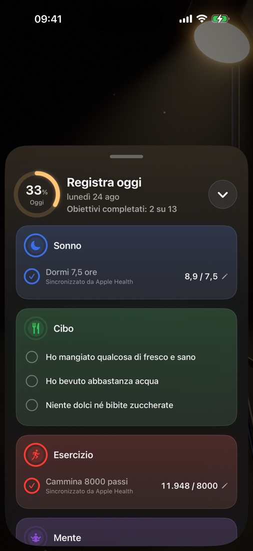 Schermata «Registra oggi» con gli obiettivi raggruppati per strato