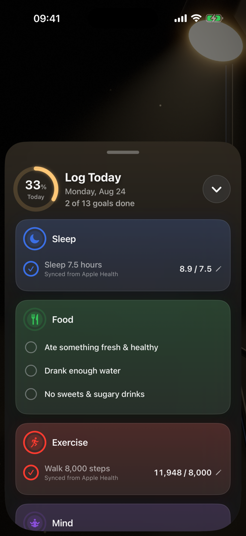 Log Today sheet with goals grouped by layer