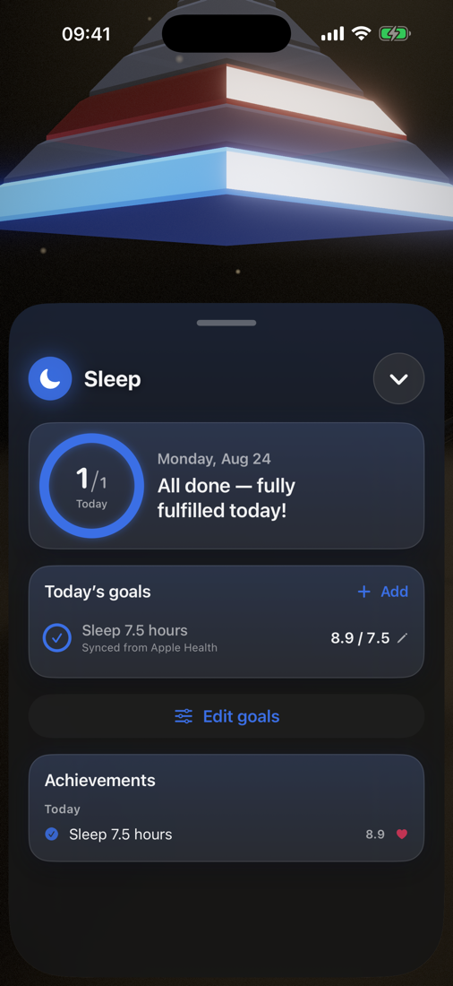 Sleep layer panel with today's goals and achievements
